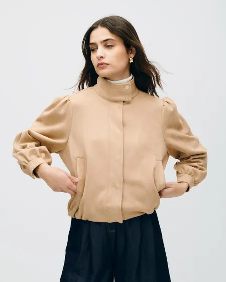 Chamarra Bomber De Suede Taupe Cuello Alto Manga Globo