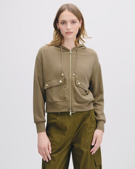 Chamarra Bomber Tejido Canalé Verde Olivo Con Capucha