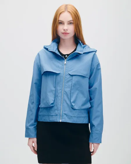 Parka Corta Azul Azulino Capucha Desmontable Y Maxibolsillos