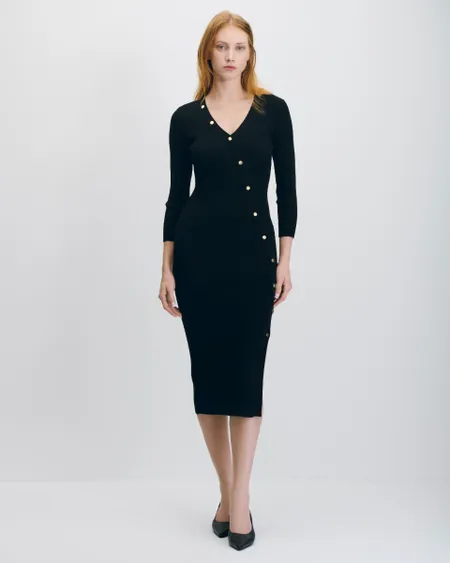 Vestido Negro Entallado Botones Dorados Tejido Canalé