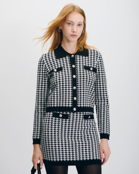 Cárdigan Tejido Pata De Gallo Blanco Y Negro Cuello Camisero