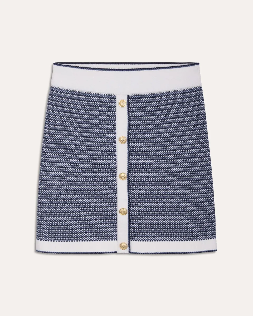 Mini Falda Tejido En Combinación Azul Y Blanco Botones Dorados 