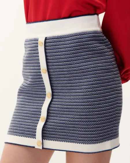 Mini Falda Tejido En Combinación Azul Y Blanco Botones Dorados