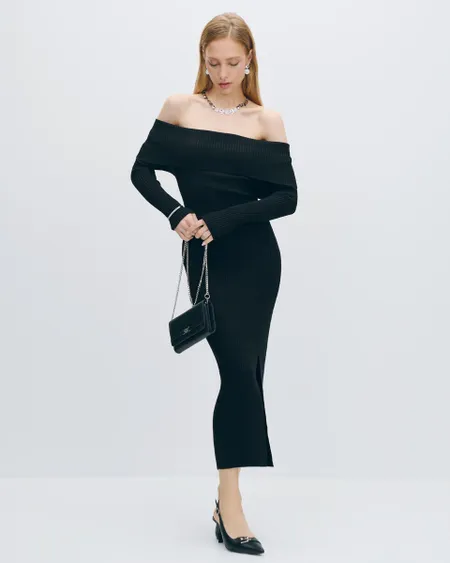 Vestido Midi Negro Entallado Tejido Canalé Escote Bardot