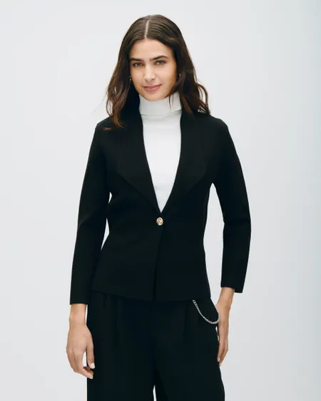 Blazer Negro Tejido De Punto Solapa Muesca Y Botón