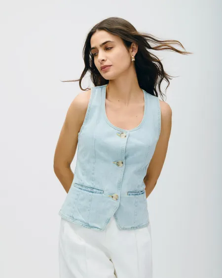 Chaleco Tipo Denim Azul Claro Escote U