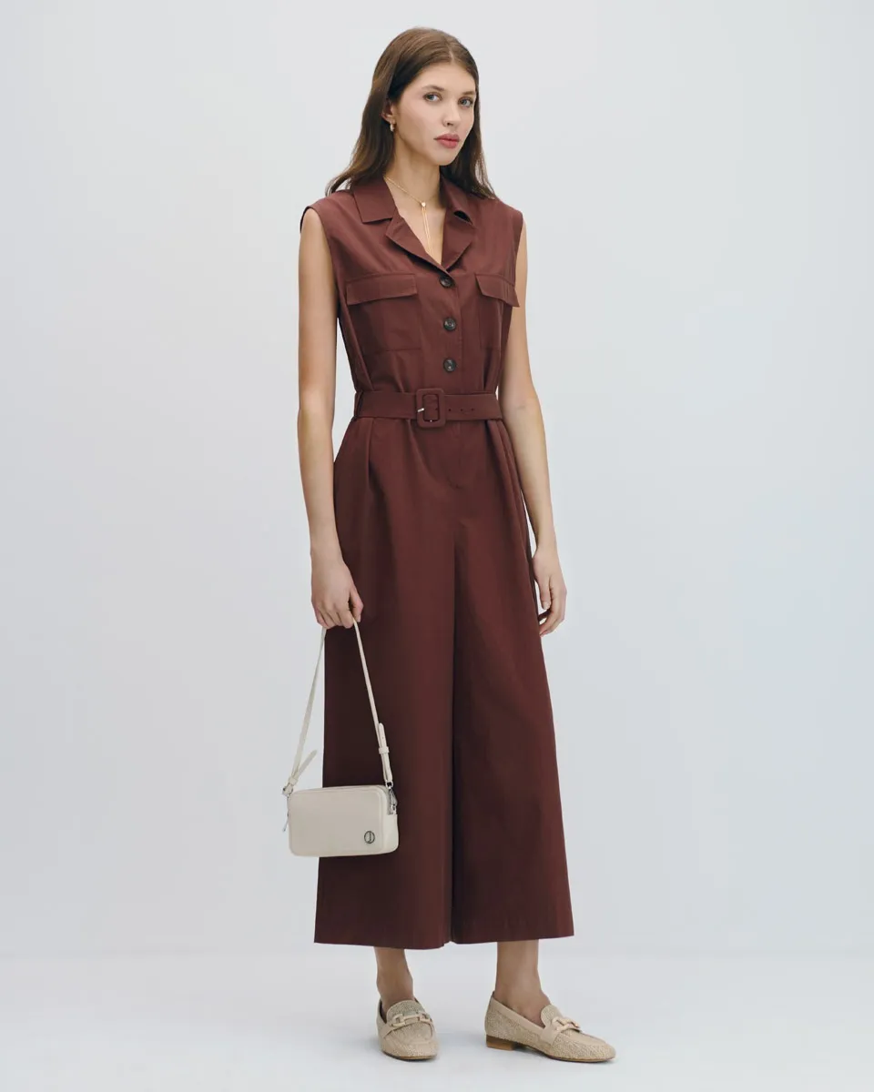 Jumpsuit Palazzo Café Teja Cuello Camisero Con Solapa Pretina Enresortada 