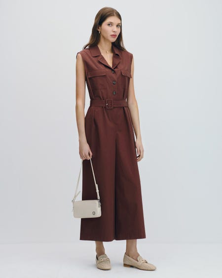 Jumpsuit Palazzo Café Teja Cuello Camisero Con Solapa Pretina Enresortada