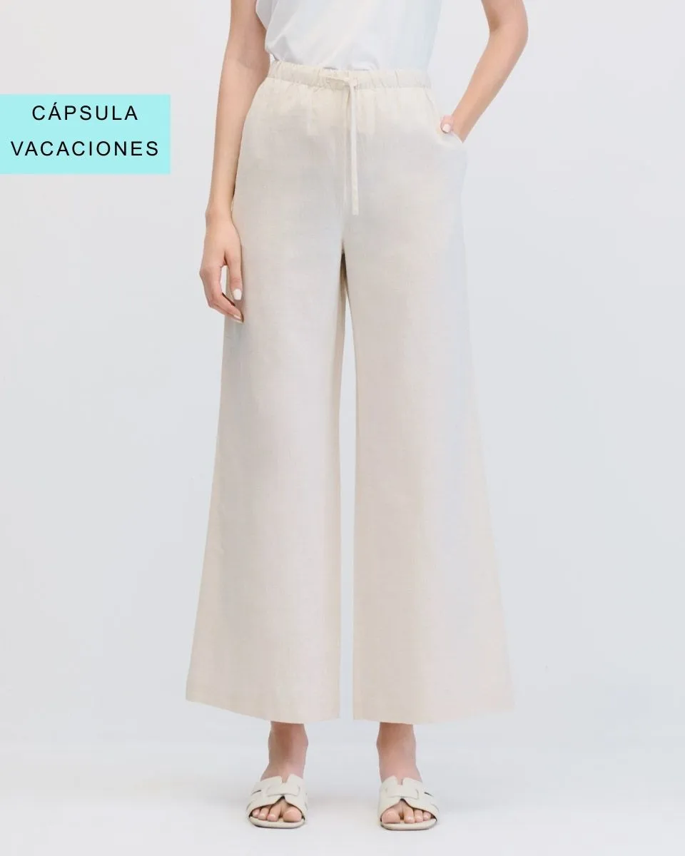 Pantalón Palazzo Tiro Alto De Lino Arena Jaretas Con Enresortado 