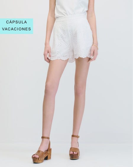 Short Blanco Tiro Alto De Algodón Bordado Calado Ruedo Festoneado