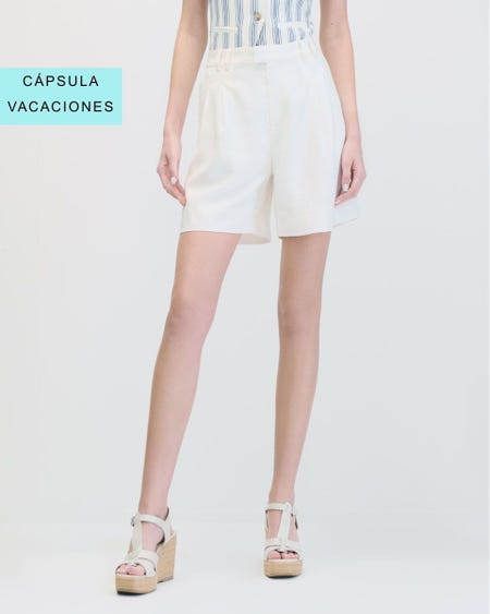 Short Off White Tiro Alto Sarga Ligera Doble Trabilla Y Pinzas