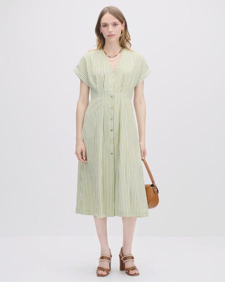 Vestido Midi Línea A Con Textura A Rayas Verde Manga Sisa