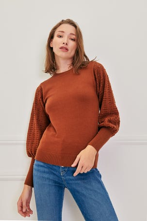 Suéter Escote Redondo Mangas Abullonadas  Caladas