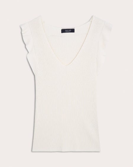 Blusa Tejido Canalé Escote V Manga Escarola Crema