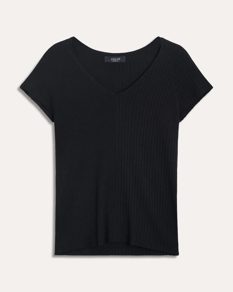 Blusa Tejido Canalé Negra Escote V  