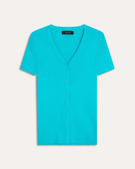 Blusa Tejido Canalé Turquesa Escote V Con Botones
