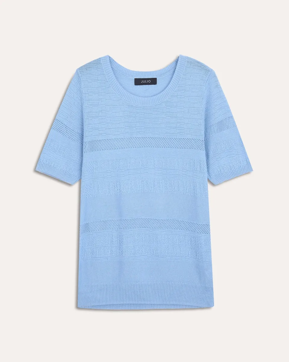 Blusa Tejido Combinado Escote Redondo Azul Claro 