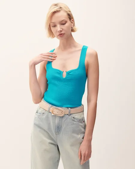 Blusa Tejido De Punto Turquesa Argolla En Escote