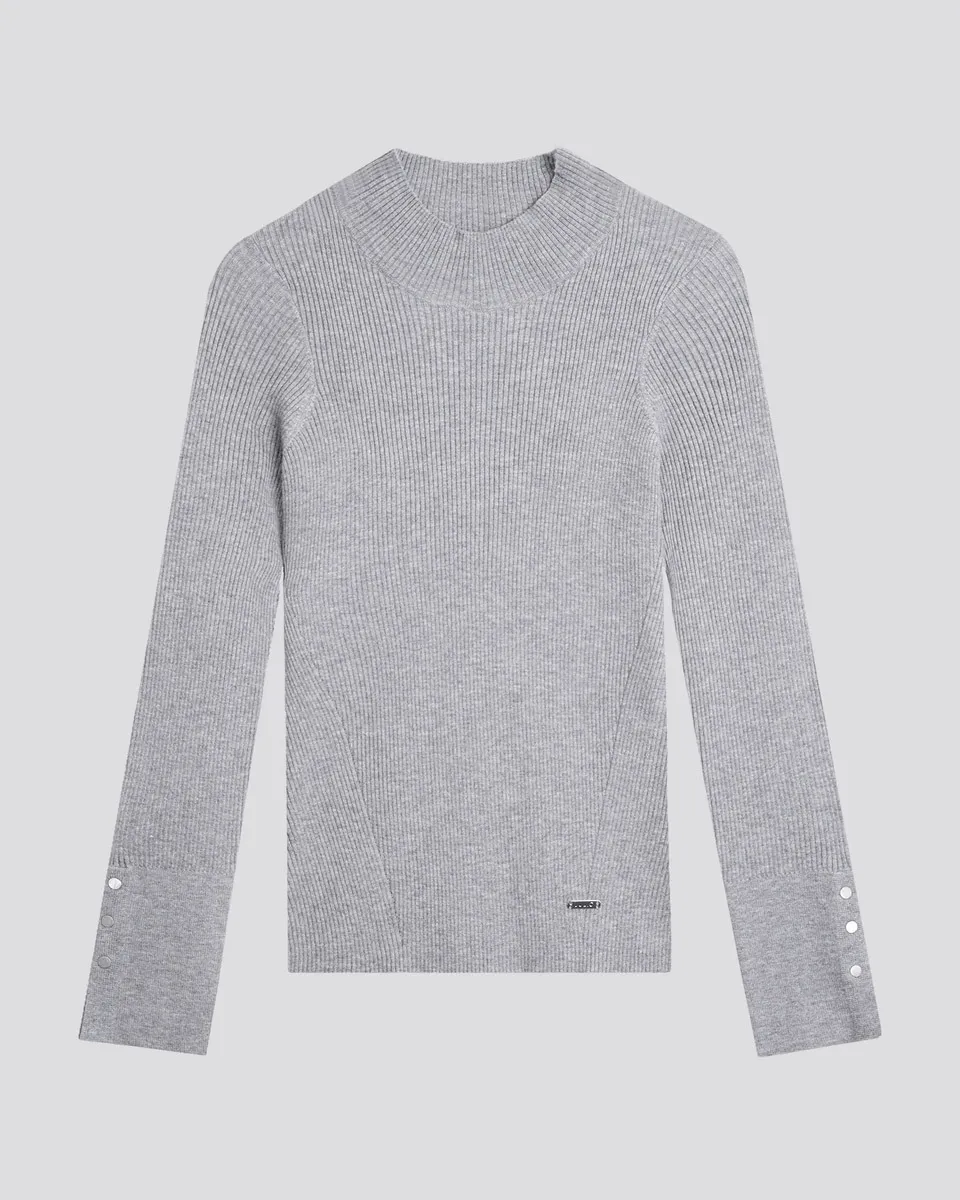 Suéter Tejido Canalé Gris Cuello Perkins Estoperoles En Puño 