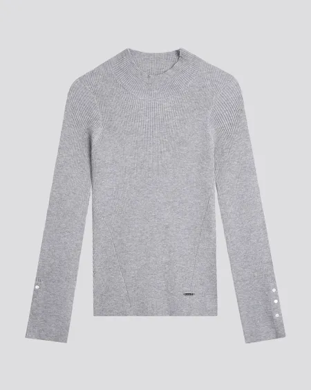 Suéter Tejido Canalé Gris Cuello Perkins Estoperoles En Puño