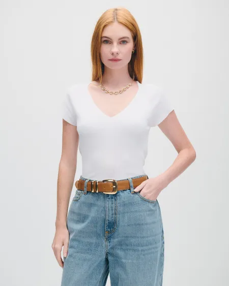 Blusa Blanca Tejido De Punto Escote V Manga Ranglan En Combinación