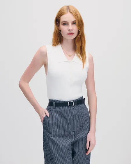 Blusa Blanca Tipo Polo Tejido Canalé