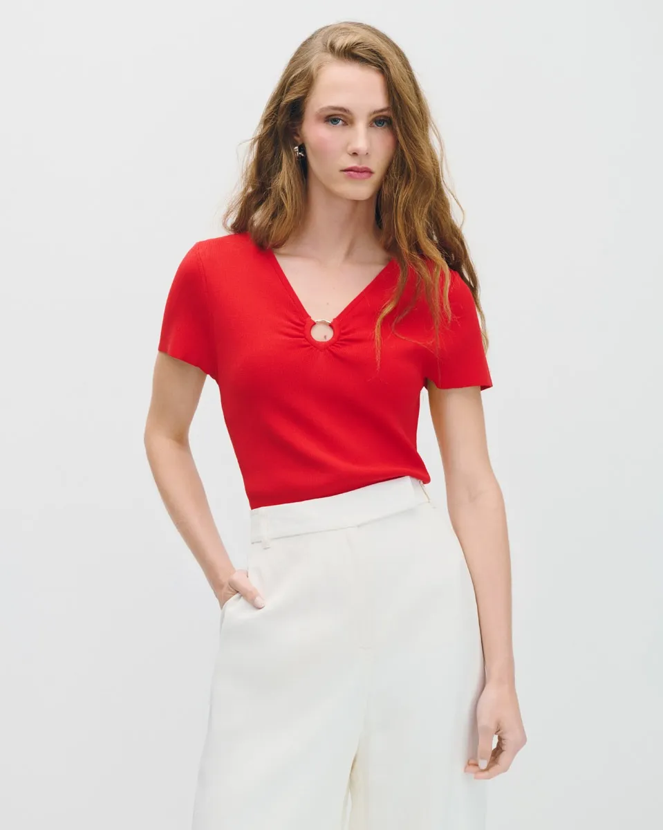 Blusa De Punto Roja Escote V Con Arillo 