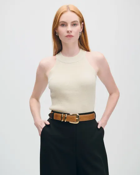 Blusa Halter Champagne Tejido Canalé Con Lúrex