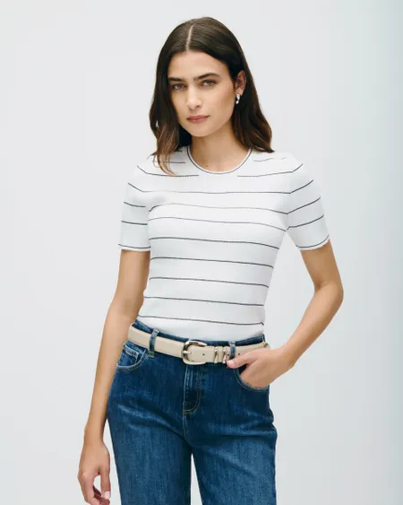 Blusa Tejido Canalé Blanca A Rayas Escote Redondo