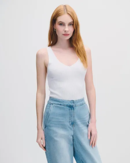 Blusa Tejido Canalé Blanca Escote V