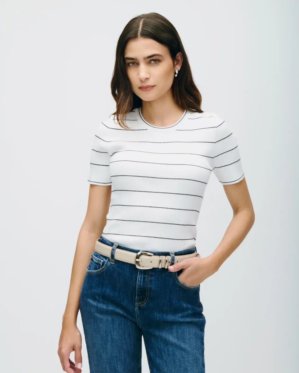 Blusa Tejido Canalé Blanco A Rayas Escote Redondo 