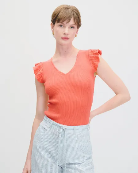 Blusa Tejido Canalé Coral Escote V Manga Escarola