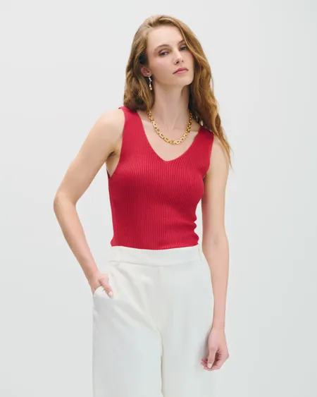 Blusa Tejido Canalé Magenta Escote V