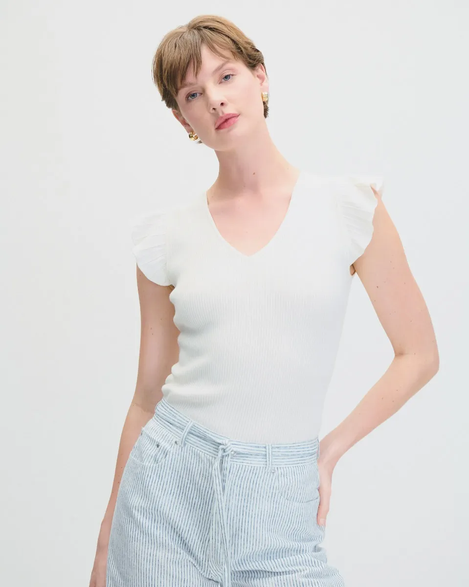 Blusa Tejido Canalé Off White Escote V Manga Escarola 