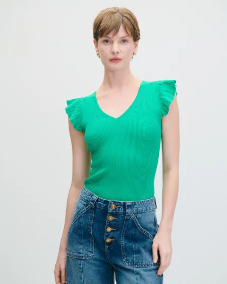 Blusa Tejido Canalé Verde Trébol Escote V Manga Escarola