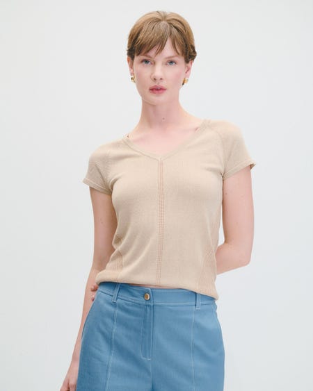 Blusa Tejido Combinado Beige Con Lúrex Escote V