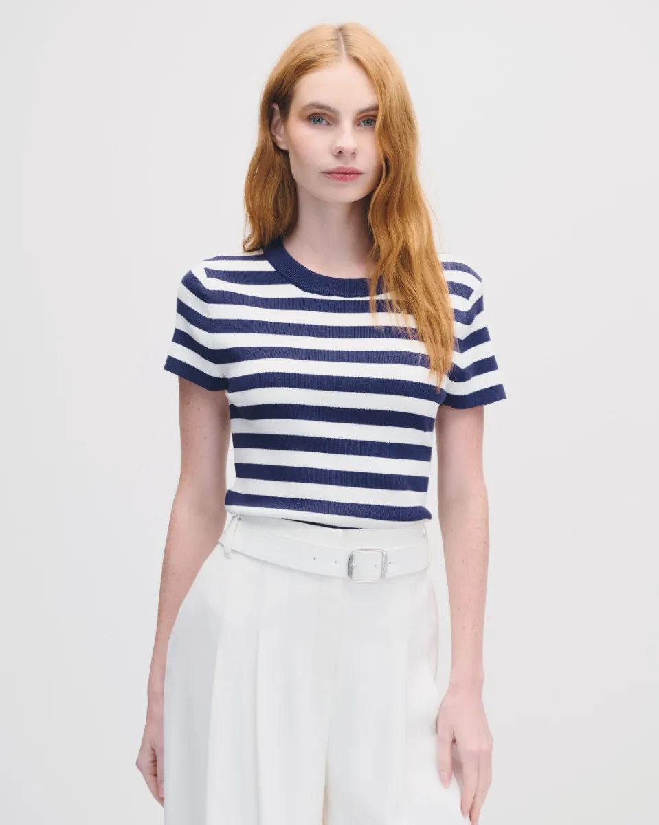 Blusa Tejido De Punto A Rayas Estilo Navy Escote Redondo 