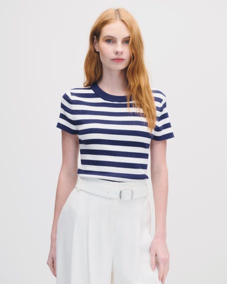 Blusa Tejido De Punto A Rayas Estilo Navy Escote Redondo