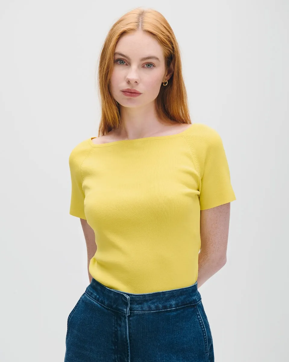 Blusa Tejido De Punto Amarilla Escote Barco 