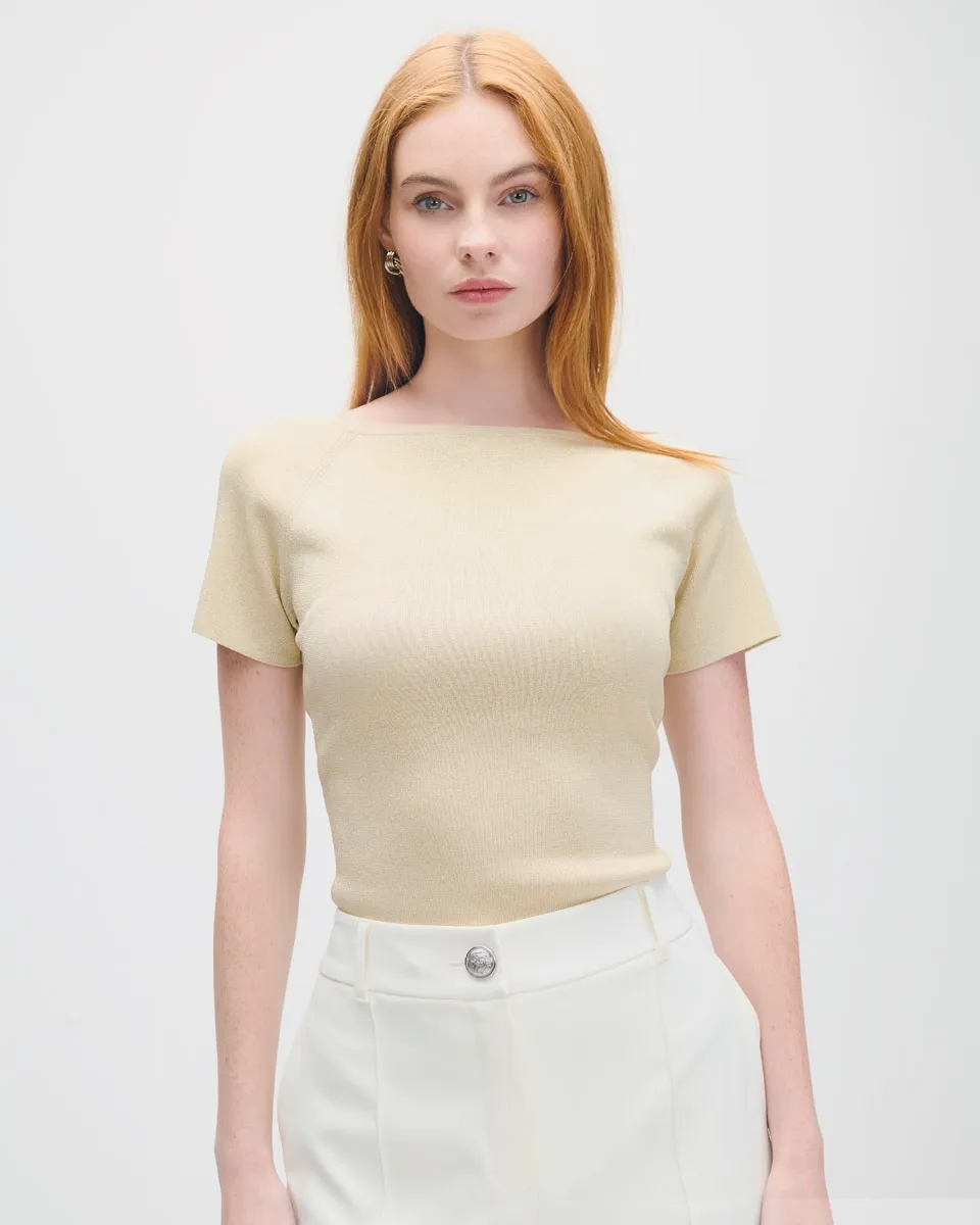 Blusa Tejido De Punto Dorado Con Lúrex Escote Barco 