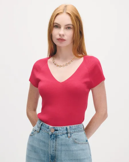 Blusa Tejido De Punto Escote V Magenta Manga Ranglan En Combinación