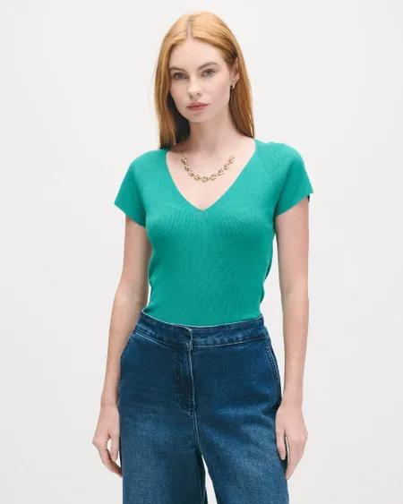 Blusa Tejido De Punto Escote V Verde Trébol Manga Ranglan En Combinación