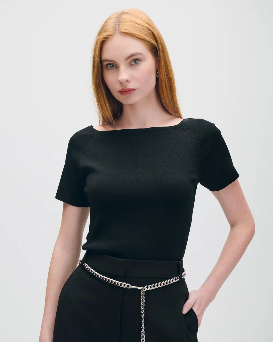 Blusa Tejido De Punto Negra  Escote Barco 