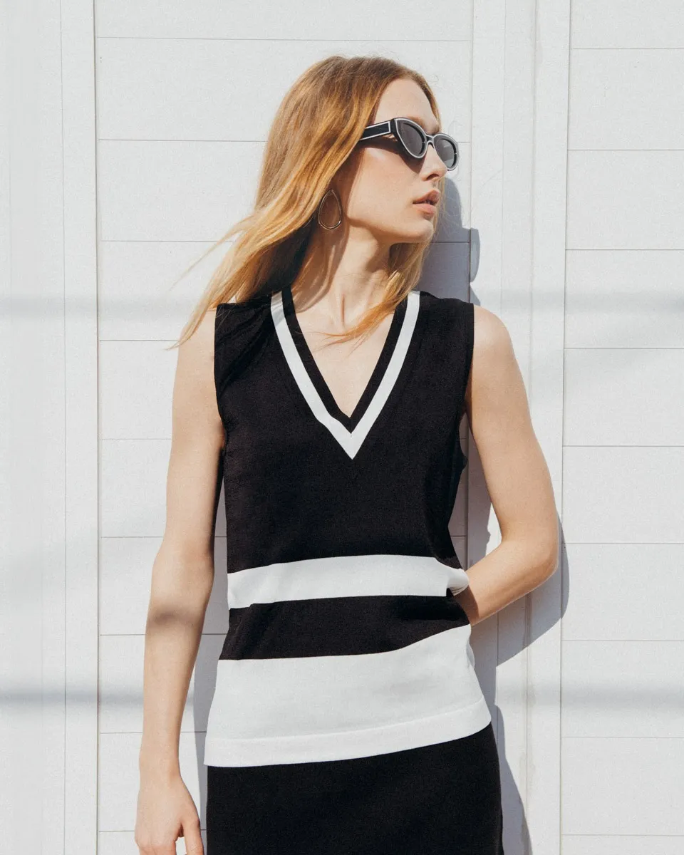 Blusa Tejido De Punto Negro Escote V Franjas En Contraste 