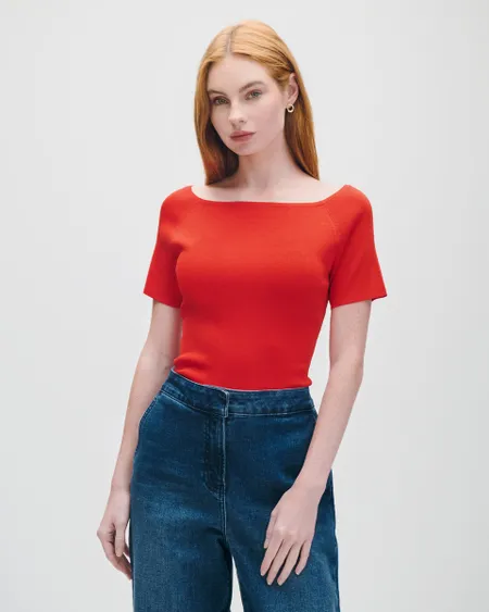 Blusa Tejido De Punto Roja Escote Barco