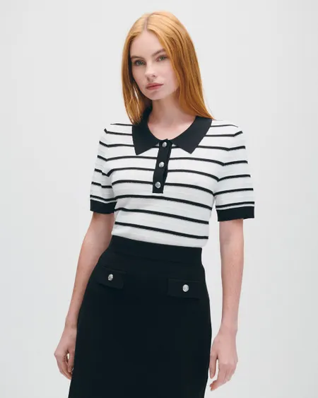Blusa Tipo Polo Tejido De Punto Rayas Blanco Y Negro Con Lúrex