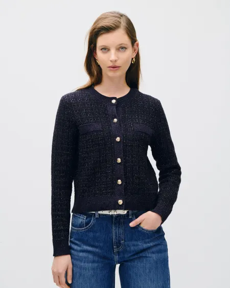 Cárdigan De Tweed Marino Con Lúrex
