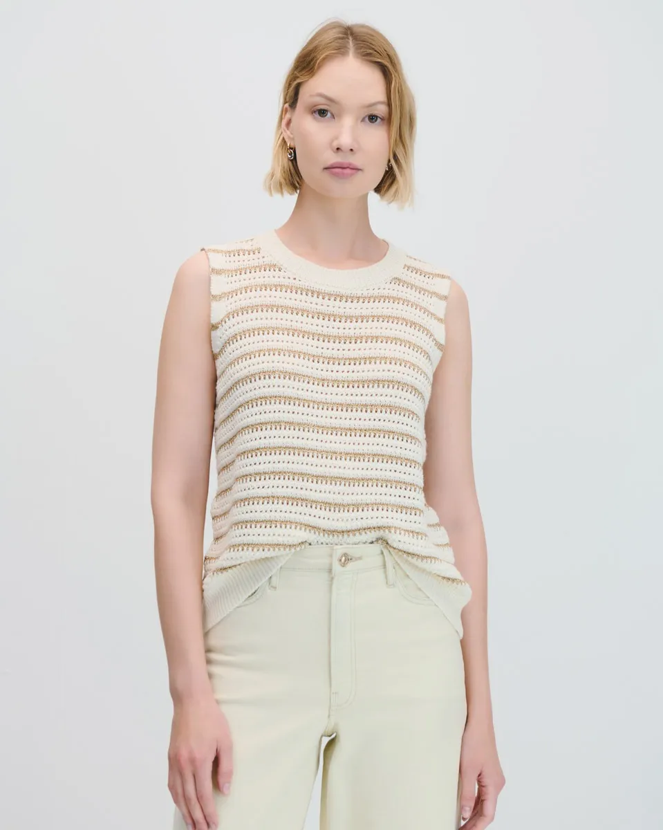 Chaleco Tejido Calado Beige Escote Redondo  Rayas Con Lúrex Oro 