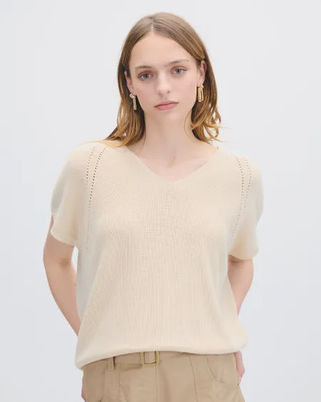 Chaleco Tejido Combinado Champagne Con Lúrex Manga Dolman