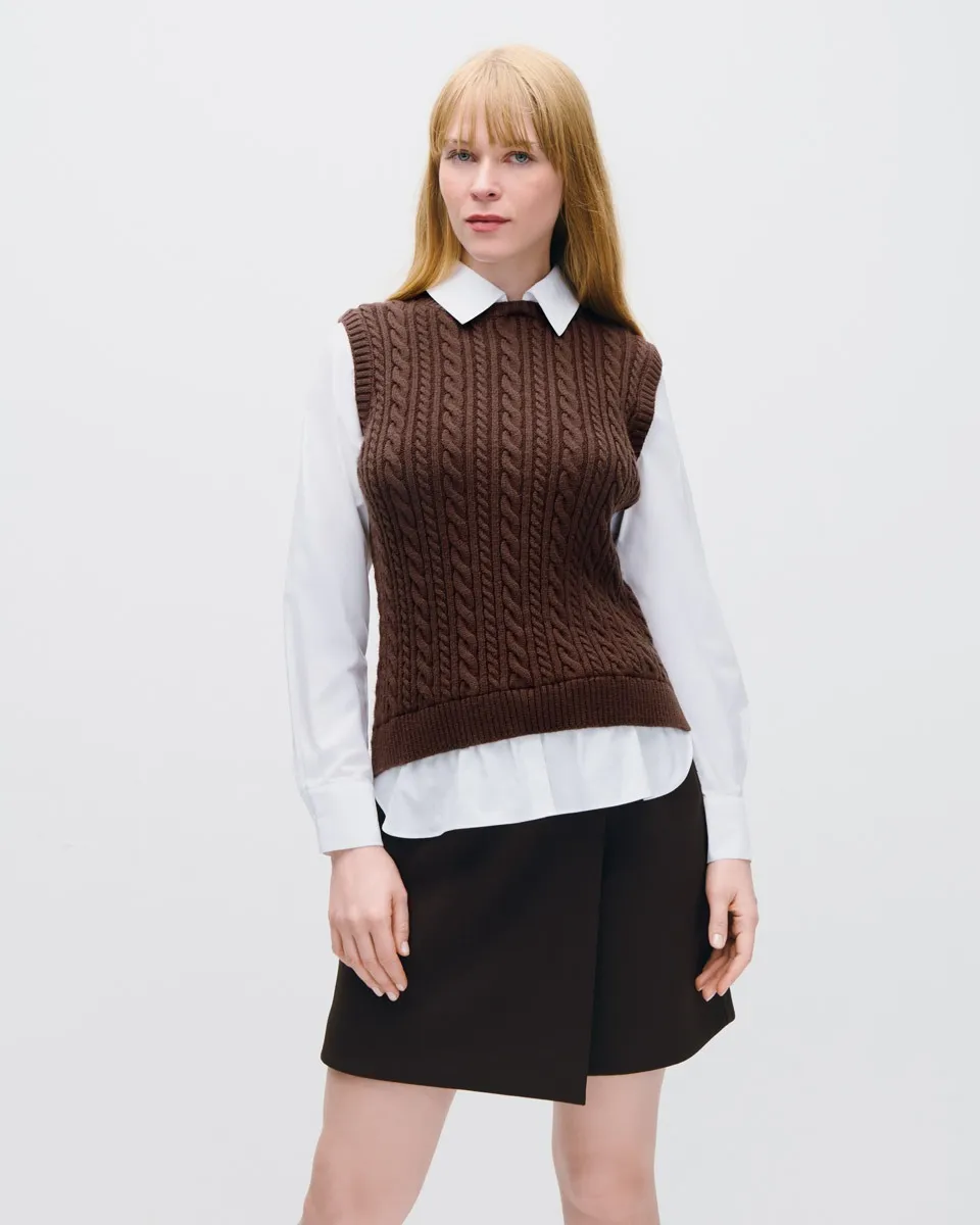Chaleco Tejido De Cable Chocolate Camisa Simulada 